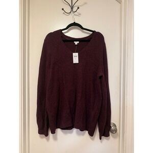 V-Neck Sweater Long Sleeve Knit Pullover Maroon Lightweight Soft